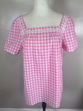 Talbots Sz M Pink White Cottage Gingham Short Sleeve Embroidered Square Neck Top